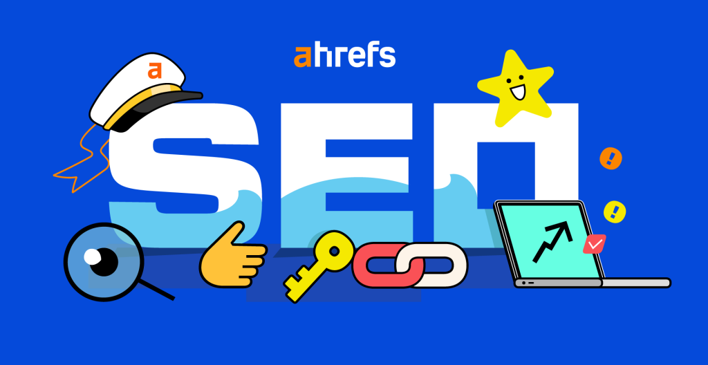 ahrefs image with A blue background with white text and cartoon characters